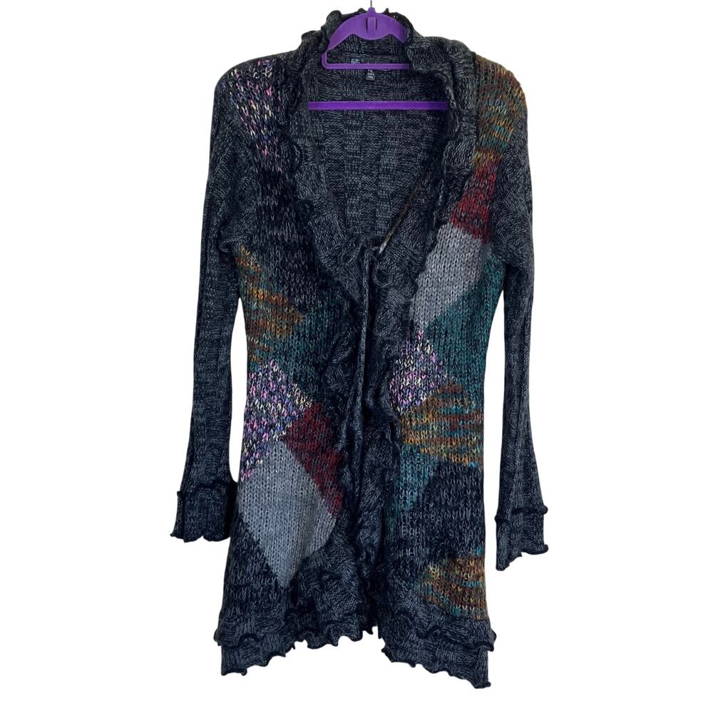 Sioni Vintage Y2K Ruffled Ribbed Patchwork Knit Duster Cardigan Sweater Jacket